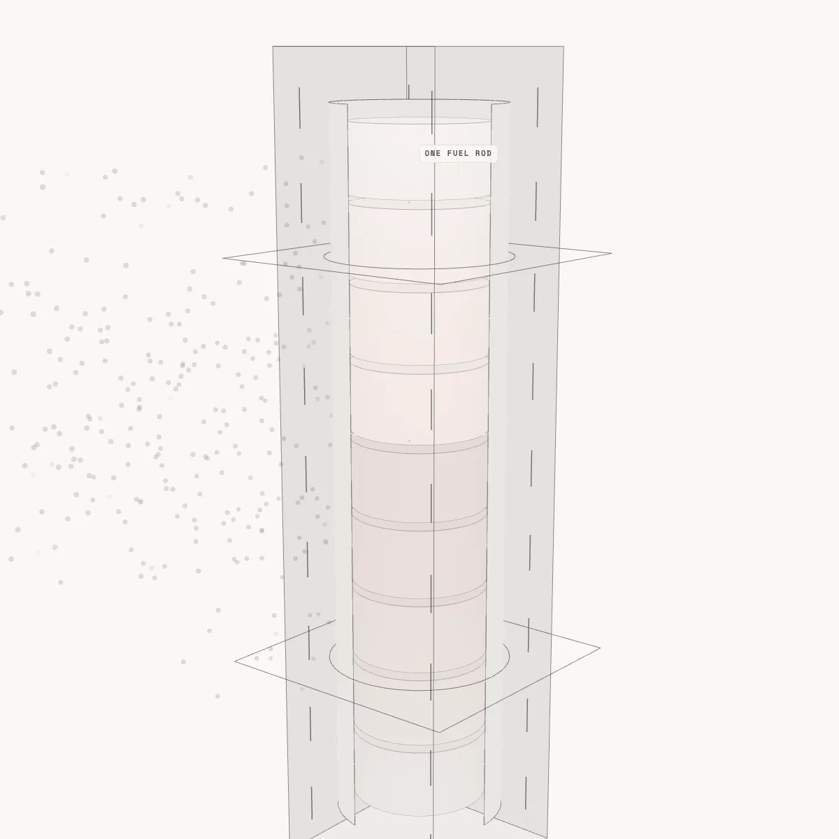 A single fuel rod in its coolant channel, cladding cut away to show the pellet stack.