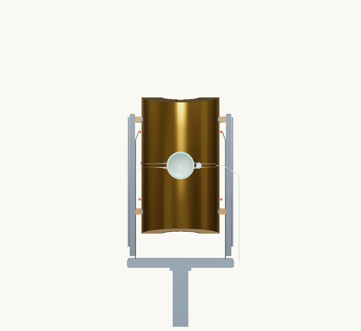 Cutaway of the target assembly: a gold cylindrical hohlraum on a support stalk with a small spherical fuel capsule suspended at its centre and a fill tube leading in.