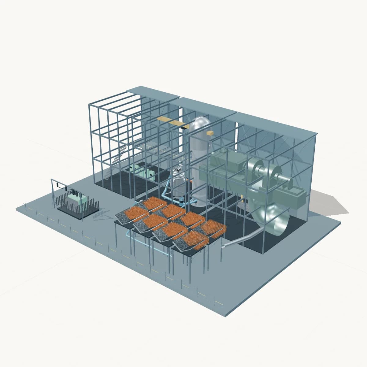Illustrative cutaway of a nuclear power plant, with a reactor island, turbine hall, cooling system, and grid connection.