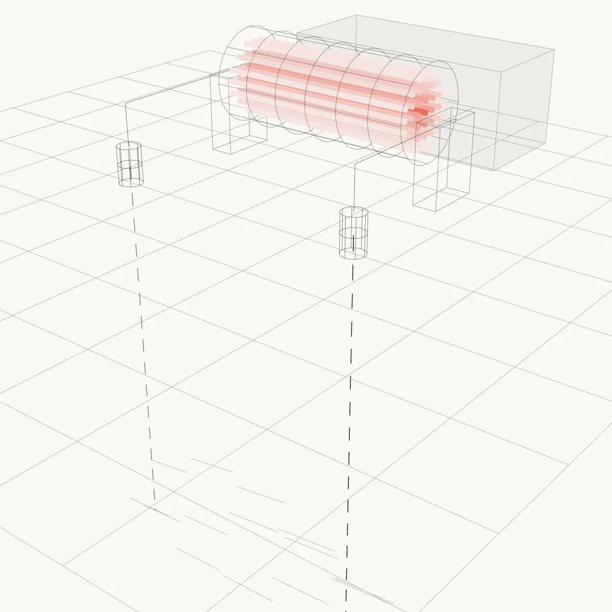 A geothermal loop: injection and production wells through a fractured reservoir, a surface heat exchanger whose tube bundle is shaded by temperature, and a ghosted power block.