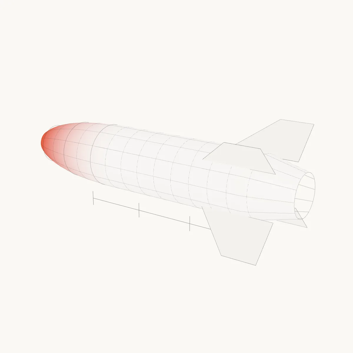 A generic swept body with fins drawn as station rings and meridians; an aerothermal band shades the nose.