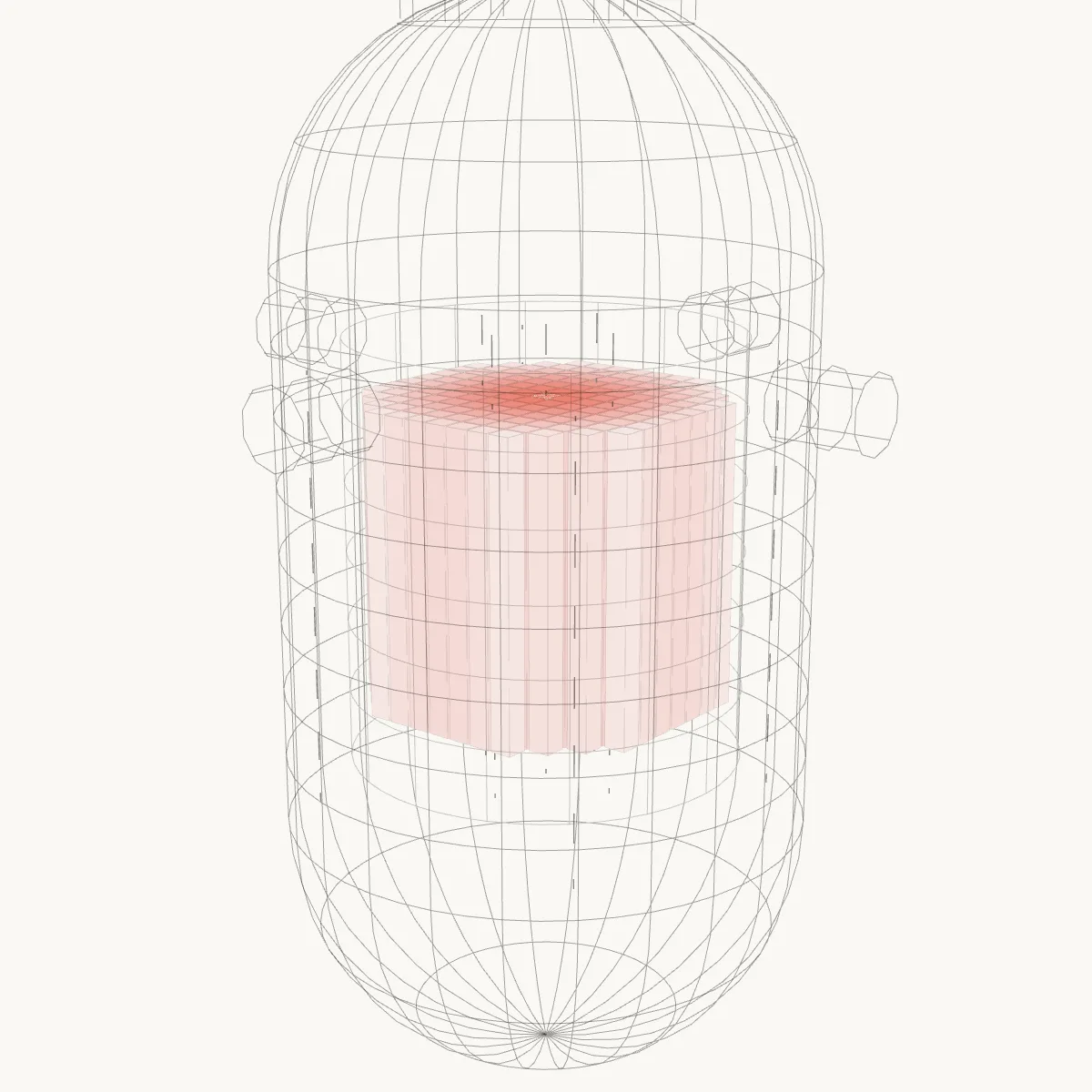 A cylindrical pressure vessel with hemispherical heads, inlet and outlet nozzles, and a circular lattice of fuel assemblies shaded by core power.