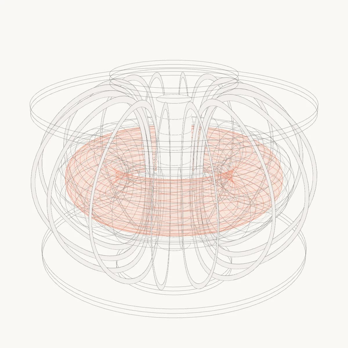 A tokamak-class chamber drawn as linework: vacuum vessel, first-wall tiles, D-shaped toroidal-field coils, central solenoid, and helical field lines through the plasma.