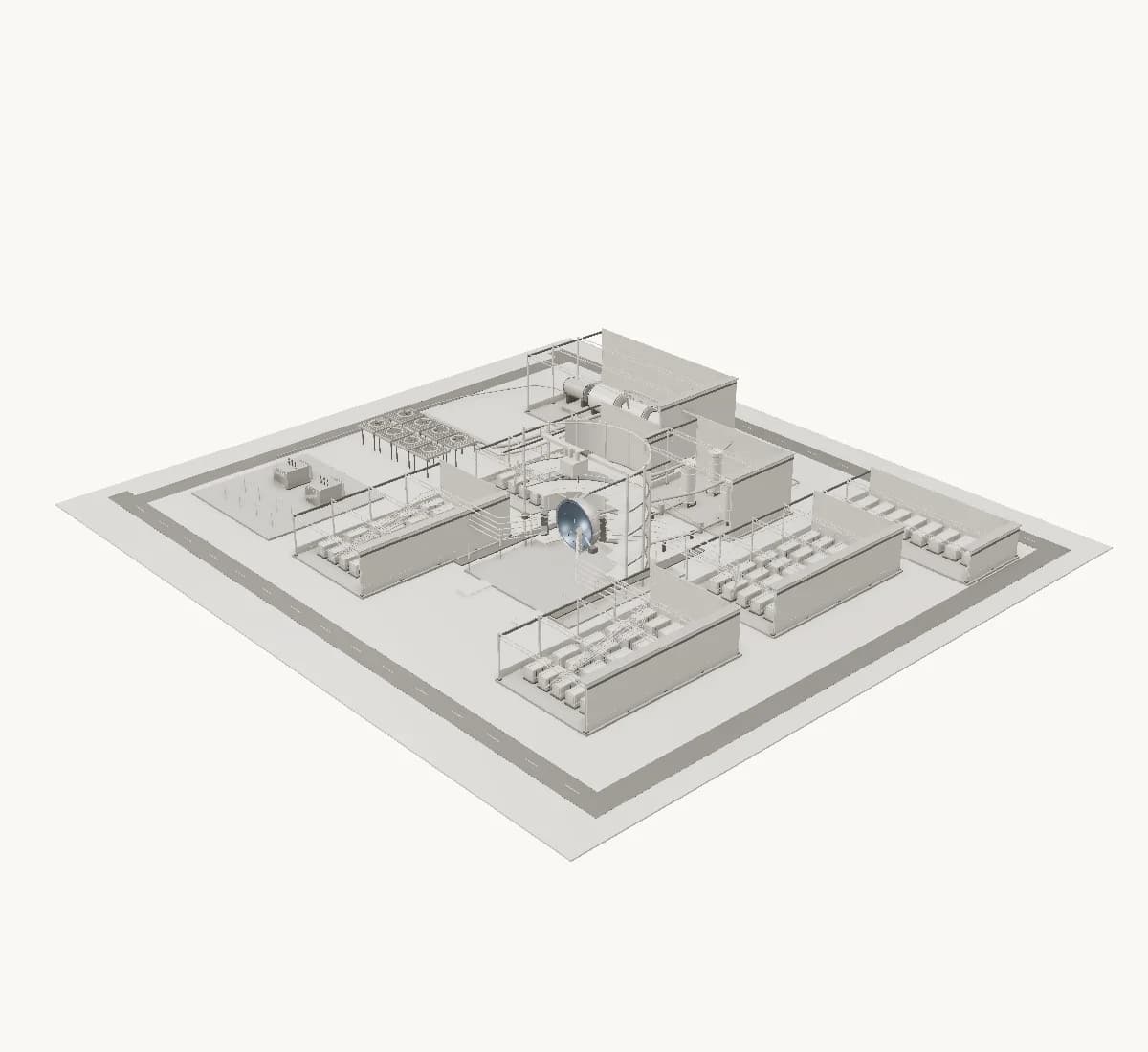 Full illustrative fusion campus, with laser galleries, target chamber, thermal systems, turbine hall, and grid connection